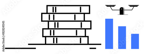 Stack of documents, bar chart, and scales emphasizing alignment of structured information with fairness. Ideal for data management, decision-making, analytics, research, organization, law simple