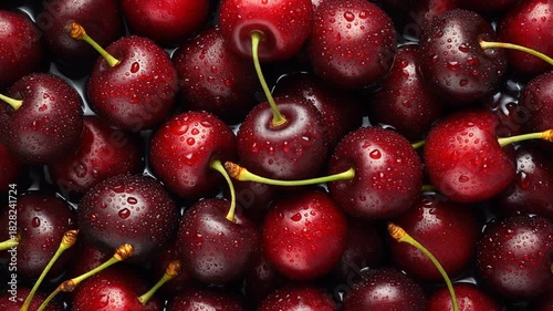 An enticing close-up of perfectly ripe, vibrant red cherries, glistening with fresh water droplets. This bountiful display highlights the natural succulence and healthy appeal of summer fruit
