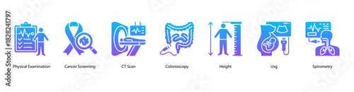 Comprehensive Health Screening web banner icon vector illustration featuring Physical Examination, Cancer Screening, CT Scan, Colonoscopy, Height, Usg, and Spirometry for complete medical evaluation.