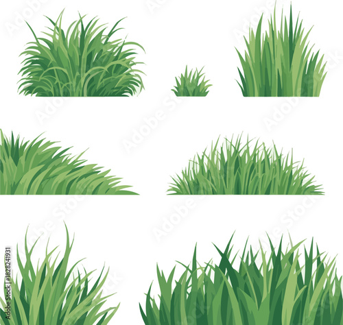 collection of green grass clusters in various shapes. Green lawn border for spring and summer landscape scenes, nature decor and eco-friendly vector art with white background
