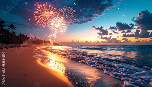 Tropical beach celebration, fireworks illuminating a serene seascape scene