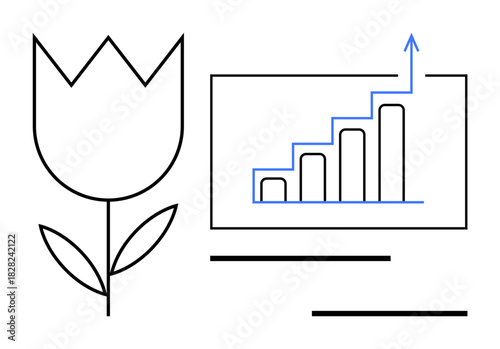Tulip flower paired with upward-trending bar chart emphasizing synergy of nature and growth. Ideal for sustainability, business, innovation, progress, eco-friendly, analytics, success themes. Simple