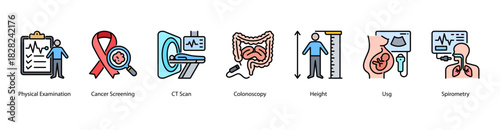 Comprehensive Health Screening web banner icon vector illustration featuring Physical Examination, Cancer Screening, CT Scan, Colonoscopy, Height, Usg, and Spirometry for complete medical evaluation.