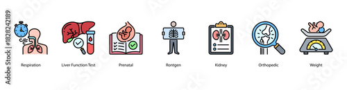 Clinical Health Monitoring web banner icon vector illustration featuring Respiration, Liver Function Test, Prenatal, Rontgen, Kidney, Orthopedic, and Weight for comprehensive body system checks.