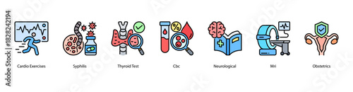 Advanced Medical Assessment web banner icon vector illustration featuring Cardio Exercises, Syphilis, Thyroid Test, CBC, Neurological, MRI, and Obstetrics for in-depth health insight.