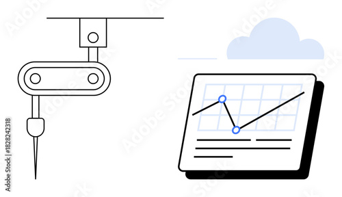Minimalist robotic arm paired with data graph on screen, reflecting innovation and analytics. Ideal for technology, automation, artificial intelligence, manufacturing, data analysis, cloud computing