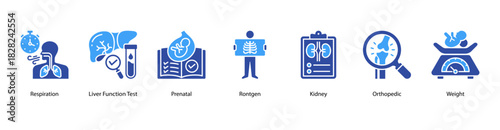 Clinical Health Monitoring web banner icon vector illustration featuring Respiration, Liver Function Test, Prenatal, Rontgen, Kidney, Orthopedic, and Weight for comprehensive body system checks.