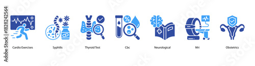 Advanced Medical Assessment web banner icon vector illustration featuring Cardio Exercises, Syphilis, Thyroid Test, CBC, Neurological, MRI, and Obstetrics for in-depth health insight.