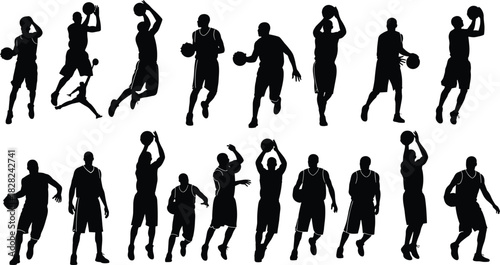 Basketball player silhouettes, sports action poses, dribbling and shooting movements, athletic training illustration, competitive basketball scenes, dynamic sport figures, fitness activity icons