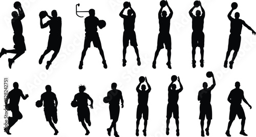 Basketball silhouettes of players in dynamic poses, action sports figures performing jumps, dribbles, and shots for athletic design graphic projects