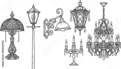 Vintage decorative lamp and chandelier illustrations with ornate details, antique lighting design elements, classic interior decor artwork in detailed engraved style