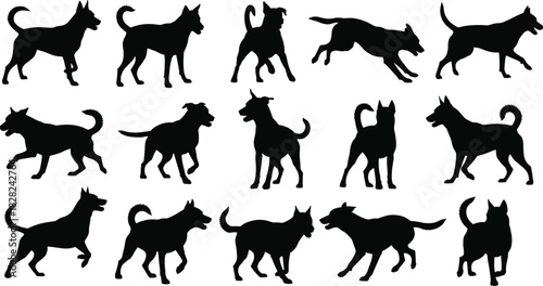 PrintSilhouette of dog vector illustration set, black pet animal collection for logo design, isolated on white background, running and walking canine poses.