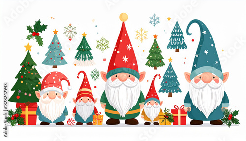 Festive gnome and Christmas tree illustration perfect for holiday designs and cards