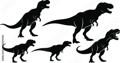 PrintSilhouette of Tyrannosaurus Rex dinosaur vector illustration set, black prehistoric animal icons collection for logo design, isolated on white background, roaring t-rex.