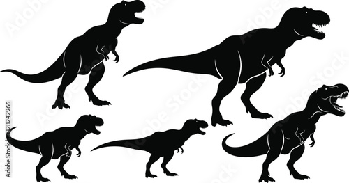PrintSilhouette of Tyrannosaurus Rex dinosaur vector illustration set, black and white prehistoric animal icons collection for logo design, isolated on white background.