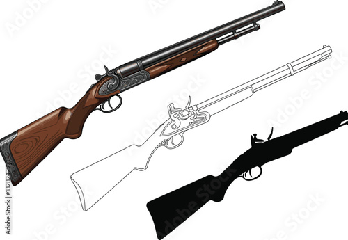 Vintage rifle illustration set with detailed colored, outline and silhouette versions, ideal for hunting themes, firearm design and historical weapon graphics