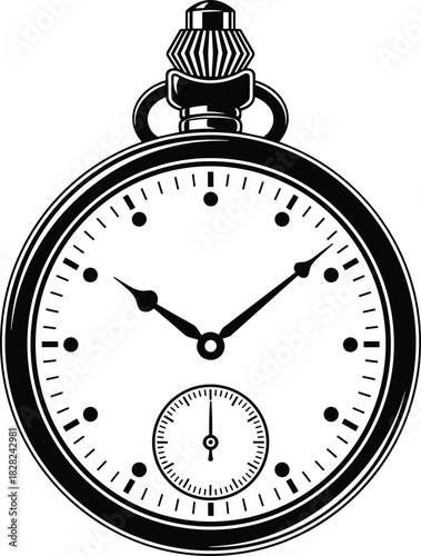 Vintage stopwatch illustration with classic dial, antique timepiece design, detailed monochrome drawing of retro watch for measurement, timing and accuracy concepts