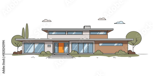 Simple modern house illustration featuring clean lines and solid geometric shapes