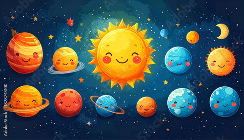 Cute Cartoon Solar System Planets and Sun with Happy Faces in Outer Space Galaxy