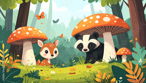 Enchanting Woodland Scene Deer and Badger Under Giant Mushrooms in a Sunny Forest