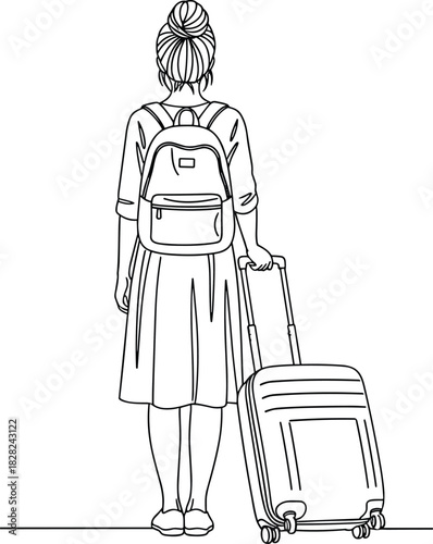 Woman traveler standing with backpack and rolling suitcase, outline illustration of solo travel, journey, adventure, tourism, and modern lifestyle concept
