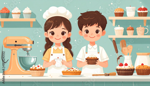 Cheerful Kids Baking Sweet Treats Together in the Kitchen
