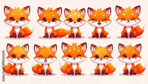 A delightful collection of cute red fox characters displaying a range of happy and playful expressions, perfect for mascot or sticker sets