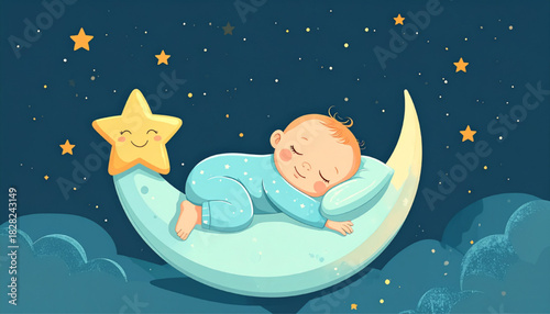 Charming illustration of a peaceful baby sleeping soundly on a crescent moon under a starry night sky, embodying innocence, sweet dreams, and tranquility