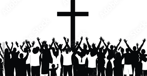 Worship crowd silhouette raising hands, Christian cross symbol, religious praise illustration, church community celebration, faith gathering art, spirituality concept scene