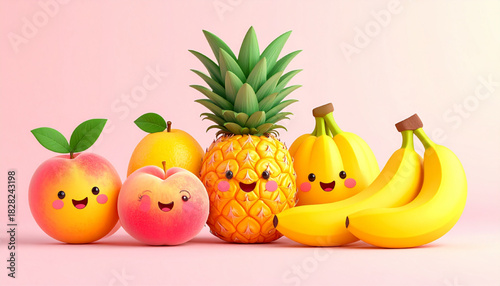 A delightful and vibrant assembly of cute and friendly cartoon fruits, featuring a happy pineapple, smiling peaches, and cheerful bananas, radiating joy against a soft pink backdrop