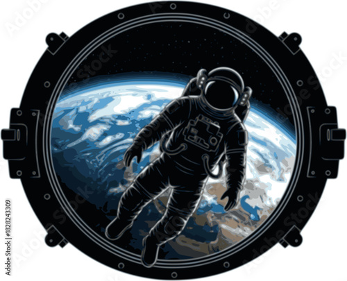 Space Tourism Zero Gravity Traveler Silhouette - Passenger Looking at Earth Black Vector Icon for Future Travel