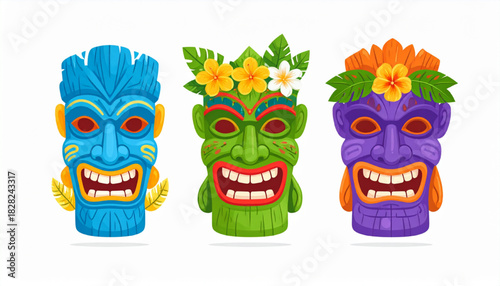 Collection of three vibrant and colorful Hawaiian tiki totem masks with floral decorations on a white background