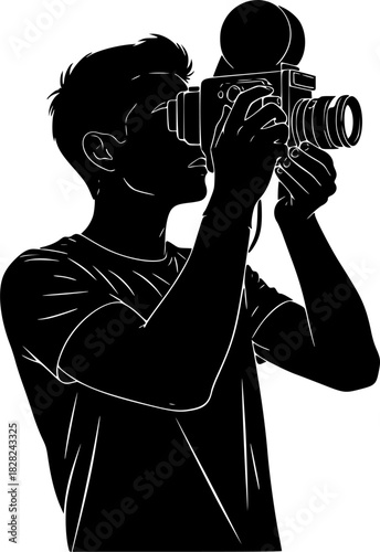 Vintage Film Photography Silhouette - Person with Retro Analog Camera Black Vector Icon for Gen Z Hobby Trend