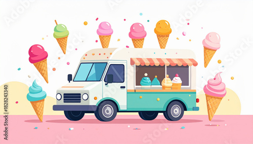 Cute ice cream truck surrounded by colorful ice cream cones and sprinkles A sweet summer treat!