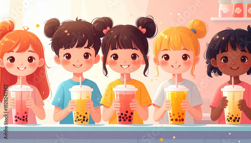 Diverse group of happy young girls enjoying delicious boba tea drinks together with colorful straws, celebrating friendship and summer fun