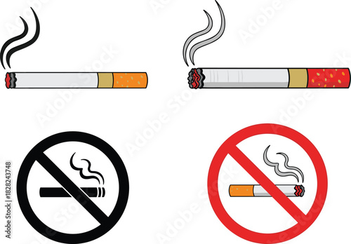 Smoking and no smoking sign illustration showing lit cigarettes and prohibition symbols for health awareness, anti-smoking campaign and warning graphics