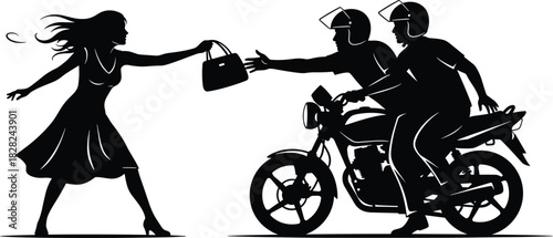 Street robbery scene illustration, motorcycle snatching purse from woman, criminal theft silhouette, dangerous urban crime moment, safety awareness vector artwork