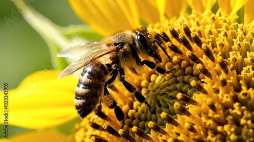 Closeup of a busy honey bee diligently collecting nectar and pollen from the vibrant yellow center of a large sunflower showcasing the intricate details of its body and the flowers texture under brig.