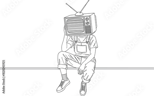 Surreal illustration of person with retro television head sitting casually, vintage TV concept art symbolizing media influence, technology culture and creative imagination