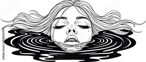 Surreal illustration of woman floating in water, serene female face, flowing hair, calm ripples, artistic black and white vector art