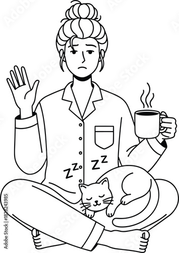 Tired woman in pajamas drinking coffee, sleepy morning illustration, cute girl with cat, relaxing at home, cozy lifestyle vector art