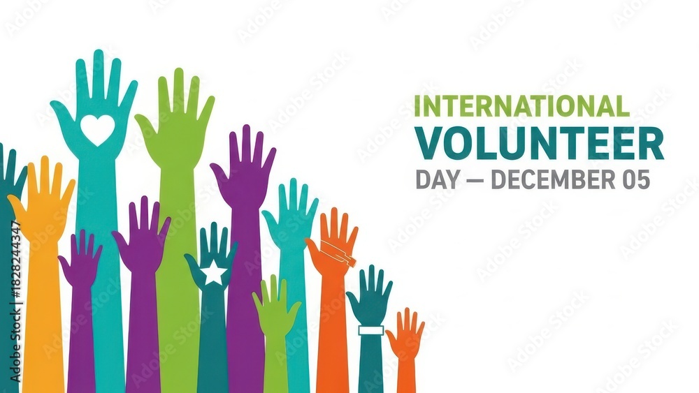 Fototapeta premium Colorful raised hands symbolizing unity and support for international volunteer day on december 5th, isolated on white background