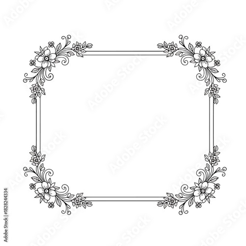 Elegant hand-drawn floral border with intricate corner details, a classic vintage rectangular frame design element for invitations and certificates