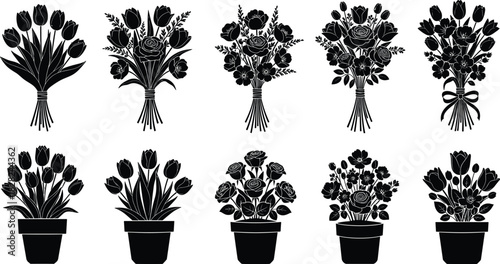 Set of Ten Flower Bouquets and Potted Plants, Black Silhouette Vector Collection Featuring Roses and Tulips for Floristry, Wedding, Decoration, and Garden Designs