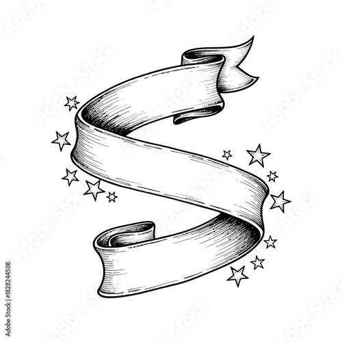 Hand-drawn vintage style blank ribbon banner adorned with charming decorative stars, a classic old school tattoo art scroll illustration perfect for custom text, titles, design elements