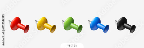 Office thumbtack with shadow. 3D set of paper push pin isolated on white background. Vector illustration