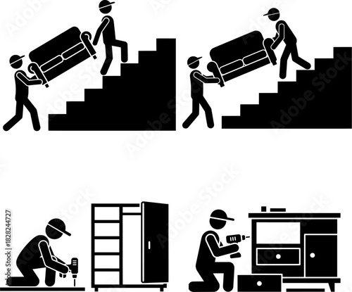 Home Renovation and Moving Service Pictograms: Delivery, Installation, and Heavy Lifting