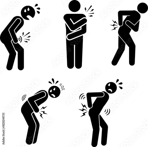 Body Pain Icon Set: Stomach Ache, Shoulder, Back, and Joint Discomfort Silhouettes