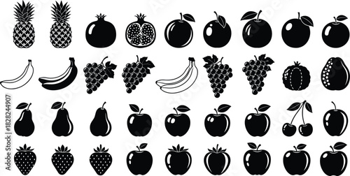 Black fruit icon collection with pineapple, pomegranate, banana, grapes, apple, pear, cherry, strawberry illustrations, clean vector silhouettes, food design set