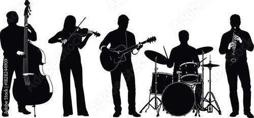 Silhouette band performing with guitar, violin, double bass, drums and clarinet, dynamic live music ensemble illustration showing artistic teamwork, rhythm, creativity and stage energy